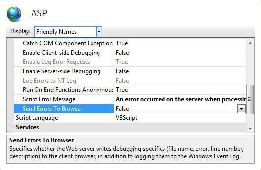 Screenshot of the A S P features page. The Send Errors to Browser option is highlighted.