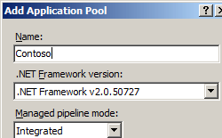 [アプリケーション プールの追加] ダイアログ ボックスのスクリーンショット。[名前]、[dot NET Framework バージョン]、[マネージド パイプライン モード] のフィールドが表示されています。