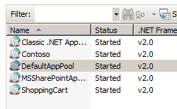 [既定のアプリ プール] が強調表示されている [アプリケーション プール] ウィンドウの画像。