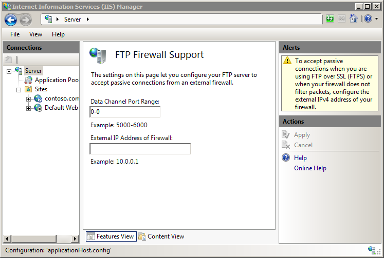 F T P ファイアウォールサポート データ チャネル ポート範囲を 0 ダッシュ 0 の値に設定するスクリーンショット。