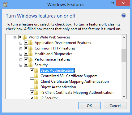 Screenshot of Basic Authentication selected in a Windows 8 interface.