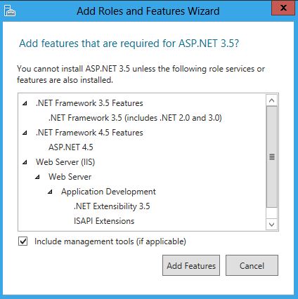 [ADD features that are required for A S P dot NET 3 point 5]\(S P ドット NET 3 ポイント 5 に必要な機能の追加\) という質問が表示されたダイアログ ボックスのスクリーンショット。