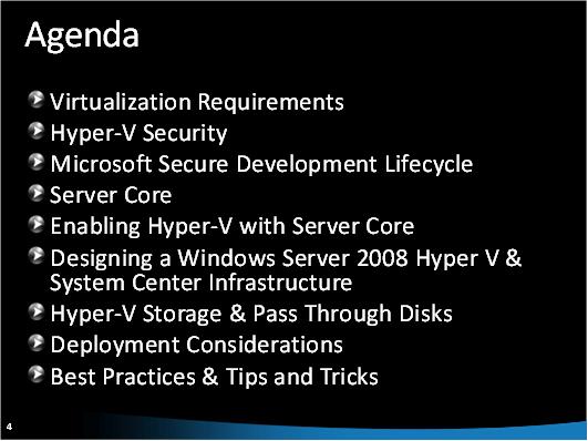 Hyper V セキュリティの議題アウトラインのスクリーンショット。