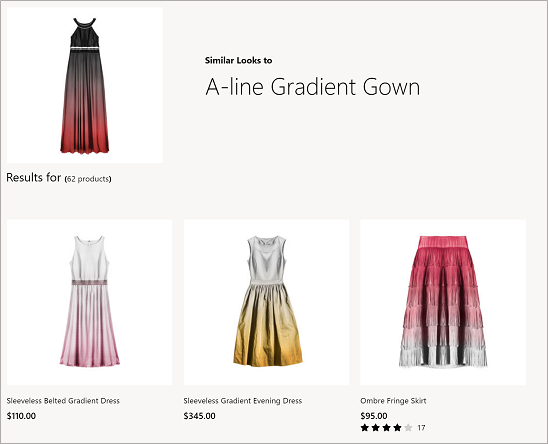 店舗の視覚的な類似の例では、視覚的に類似したグラデーションのドレスが表示されます。