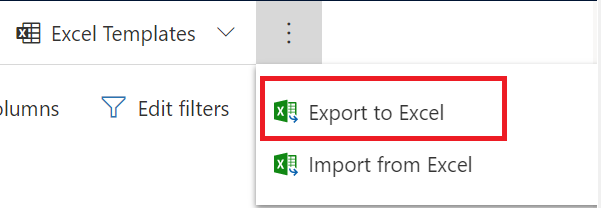 Excel にエクスポート オプションを表示するために選択された省略記号ボタンのスクリーンショット。
