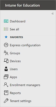 [ダッシュボード] と [すべてのオプションを表示] と [お気に入り] の 8 つを示す [Edudcation のIntune] サイドバーのスクリーンショット。