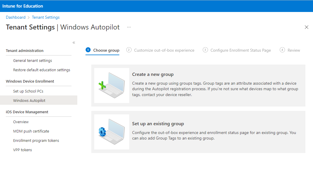 新しいグループを作成したり、既存のグループを設定したりするためのオプションを含む [グループの選択] ページを示す Windows Autopilot ガイド付きエクスペリエンスの例。
