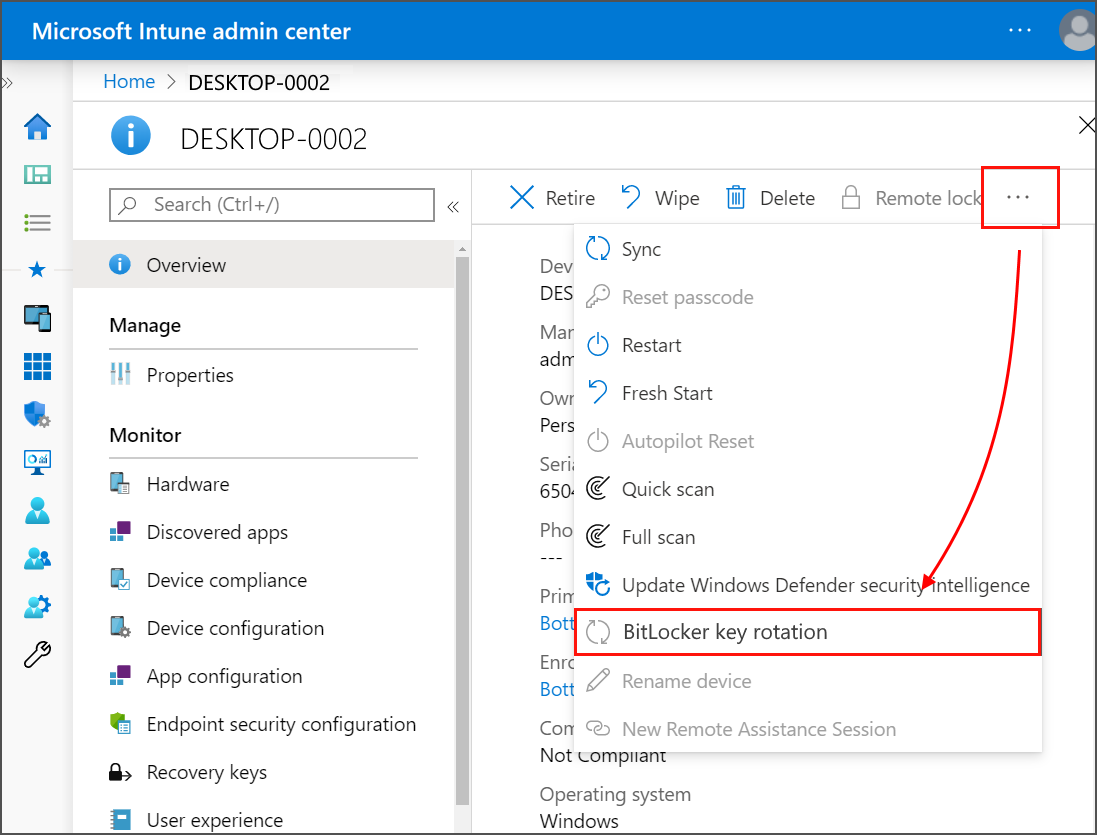 BiLocker キーローテーション アクションを選択するためのパスのスクリーンショット