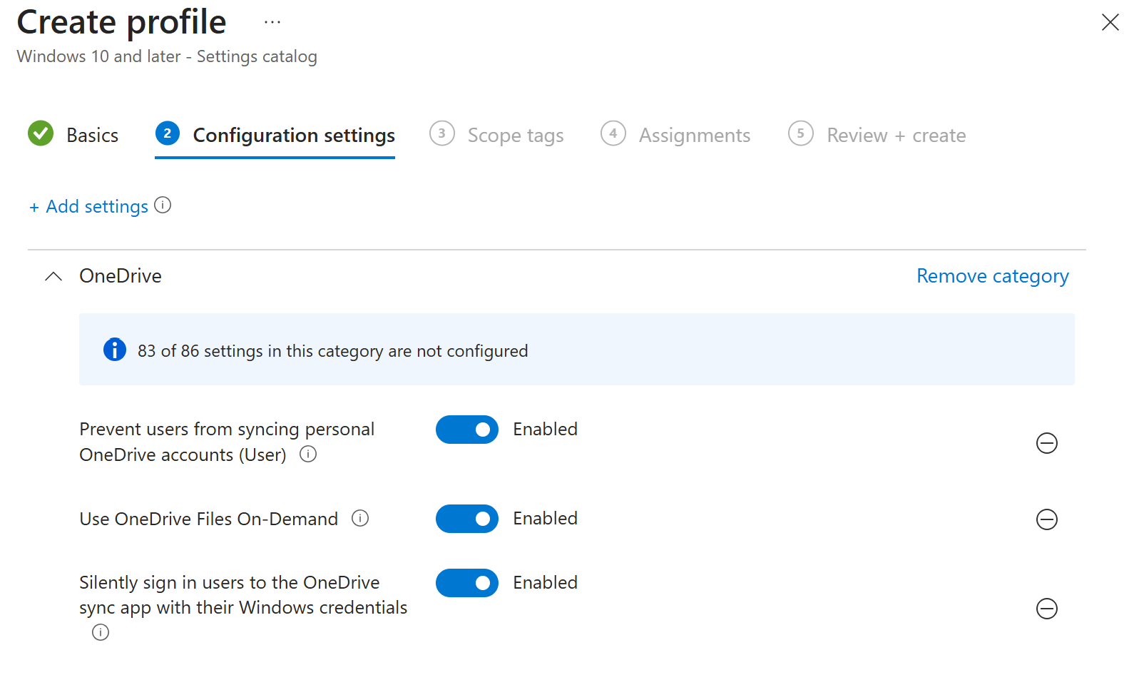 Microsoft Intuneで OneDrive 設定カタログ ポリシーを作成する方法を示すスクリーンショット。