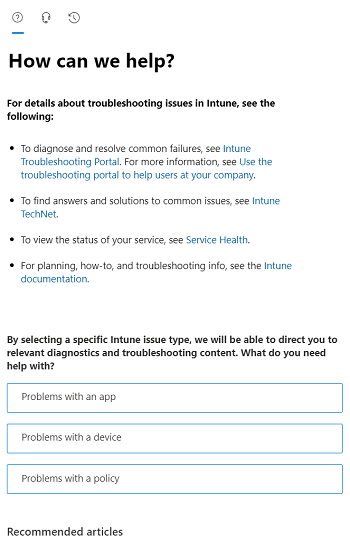 Intune管理センターのシナリオ オプションを示すスクリーンショット。