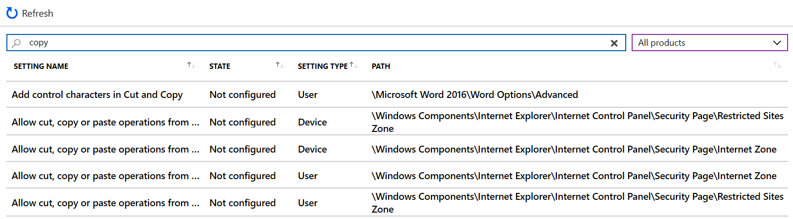 Microsoft Intune管理センターと管理センターの管理用テンプレートのすべてのデバイス設定を表示するコピー Intune Search。