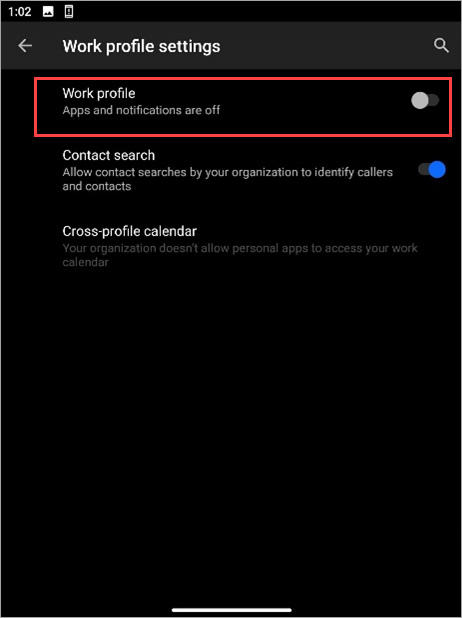 Surface Duo デバイスの設定で仕事用プロファイルの切り替えスイッチがオフになっているスクリーンショット。