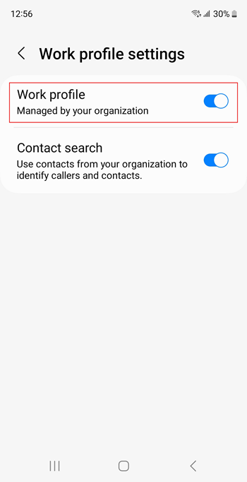 Samsung Galaxy S20 デバイスの設定で仕事用プロファイルの切り替えスイッチがオンになっているスクリーンショット。