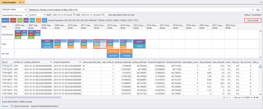 Kusto Explorer の Search++ の結果のスクリーンショット。