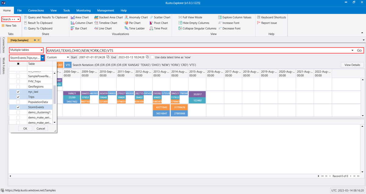 Kusto Explorer の Search++ のスクリーンショット。