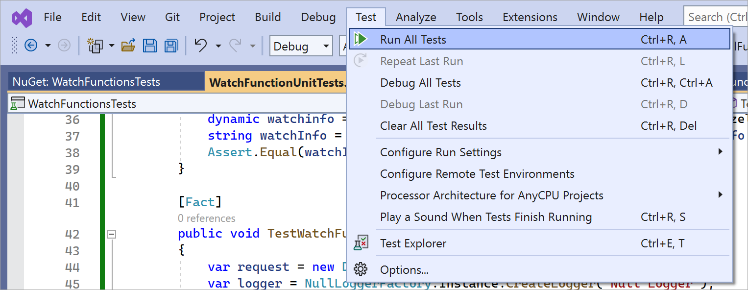 Visual Studio の [テスト] メニューのスクリーンショット。ユーザーが [実行] -> [すべてのテスト] を選択しています。