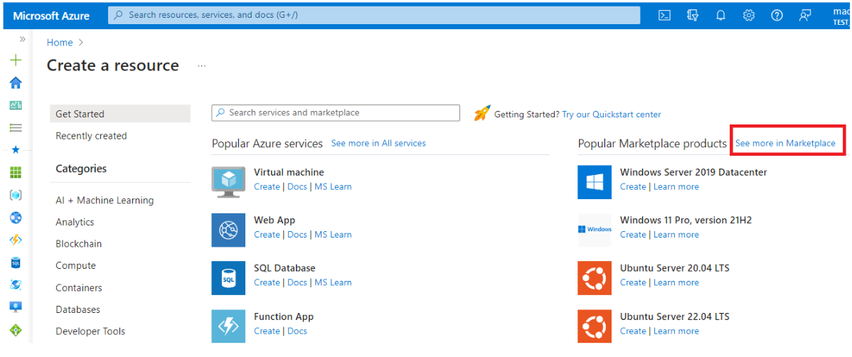 Shows filters at the top of the Azure Marketplace window.
