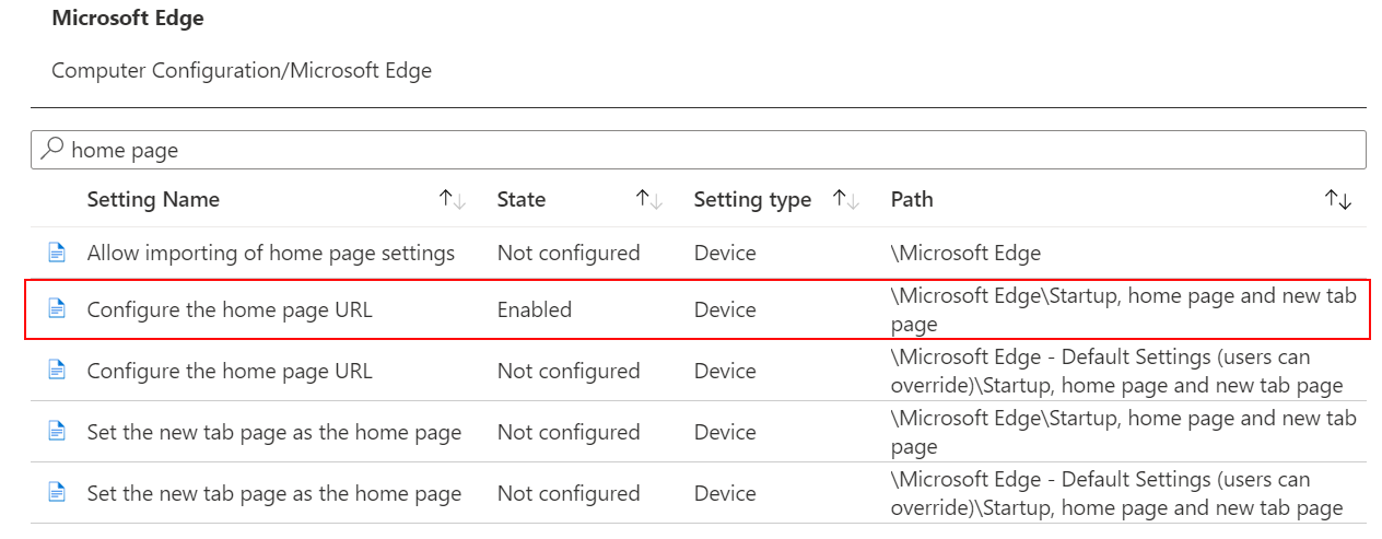 ADMX 設定を構成すると、Microsoft Intune と Intune 管理センターで状態が有効に表示されるスクリーンショット。