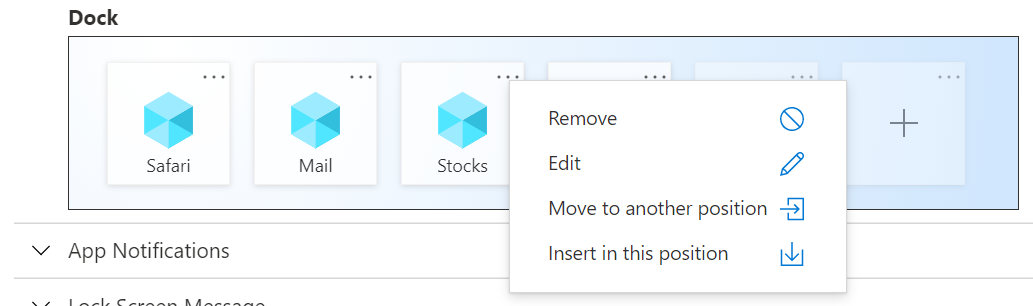Microsoft Intune での iOS/iPadOS ホーム画面レイアウト のドック設定のサンプル