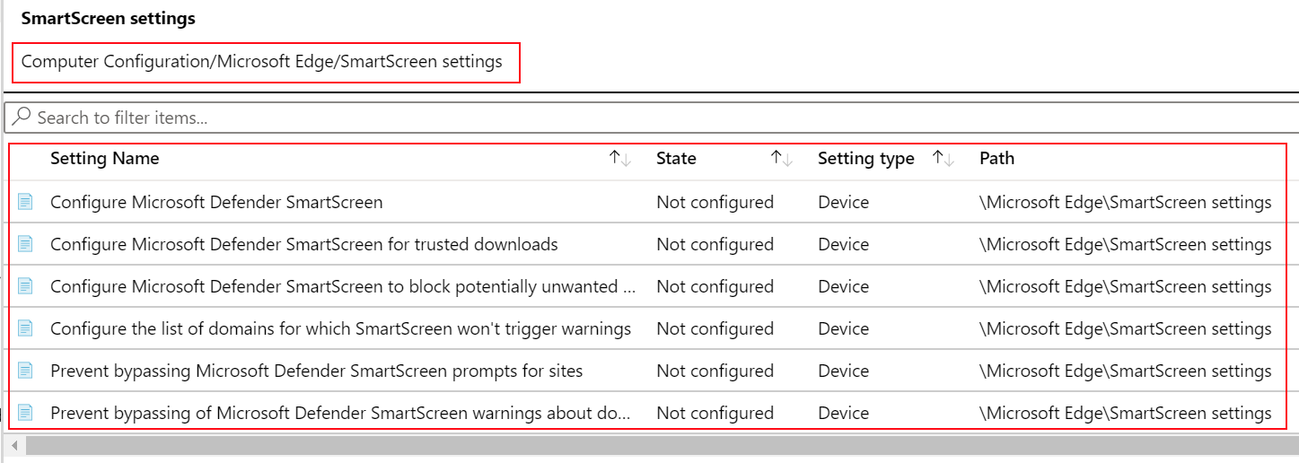 Microsoft Intune の ADMX テンプレートで Microsoft Edge SmartScreen ポリシー設定を表示する方法を示すスクリーンショット。