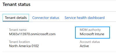 テナントの状態で MDM 機関を Microsoft Intune に設定する方法を示すスクリーンショット。