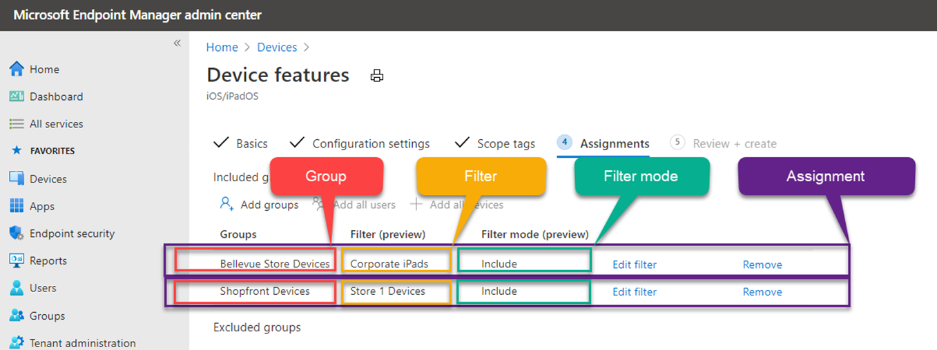 Microsoft Intune でフィルターを使用するときの割り当ての競合の例を示すスクリーンショット。