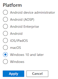フィルターのフィルターの一覧と、Microsoft Intune で使用可能なすべてのプラットフォーム オプションを示すスクリーンショット。