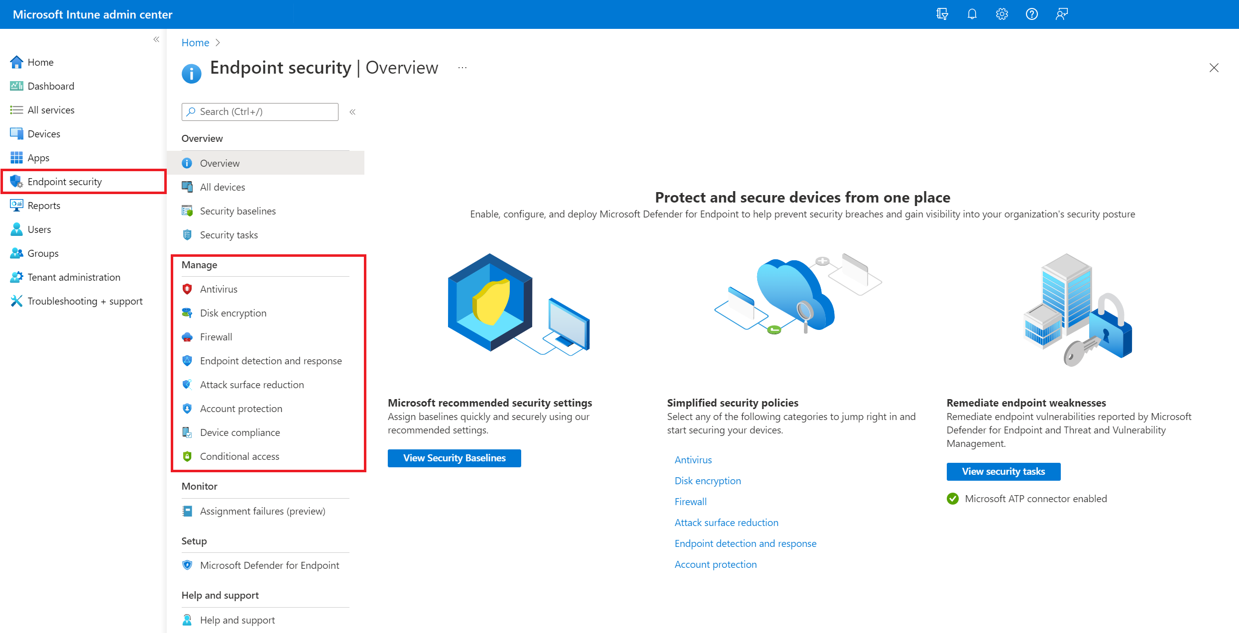 Microsoft Intune 管理センターでのエンドポイント セキュリティ ポリシーの管理