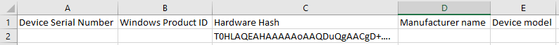 [ハードウェア ハッシュ] 列にハッシュ値が含まれる Excel の CSV ファイルのスクリーンショット。