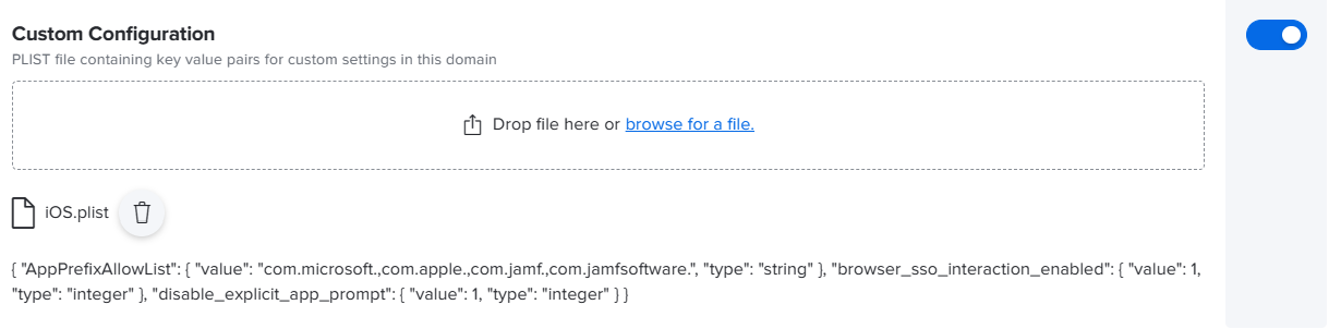 Jamf Pro 用の PLIST ファイルを使用したサンプル カスタム構成を示すスクリーンショット。