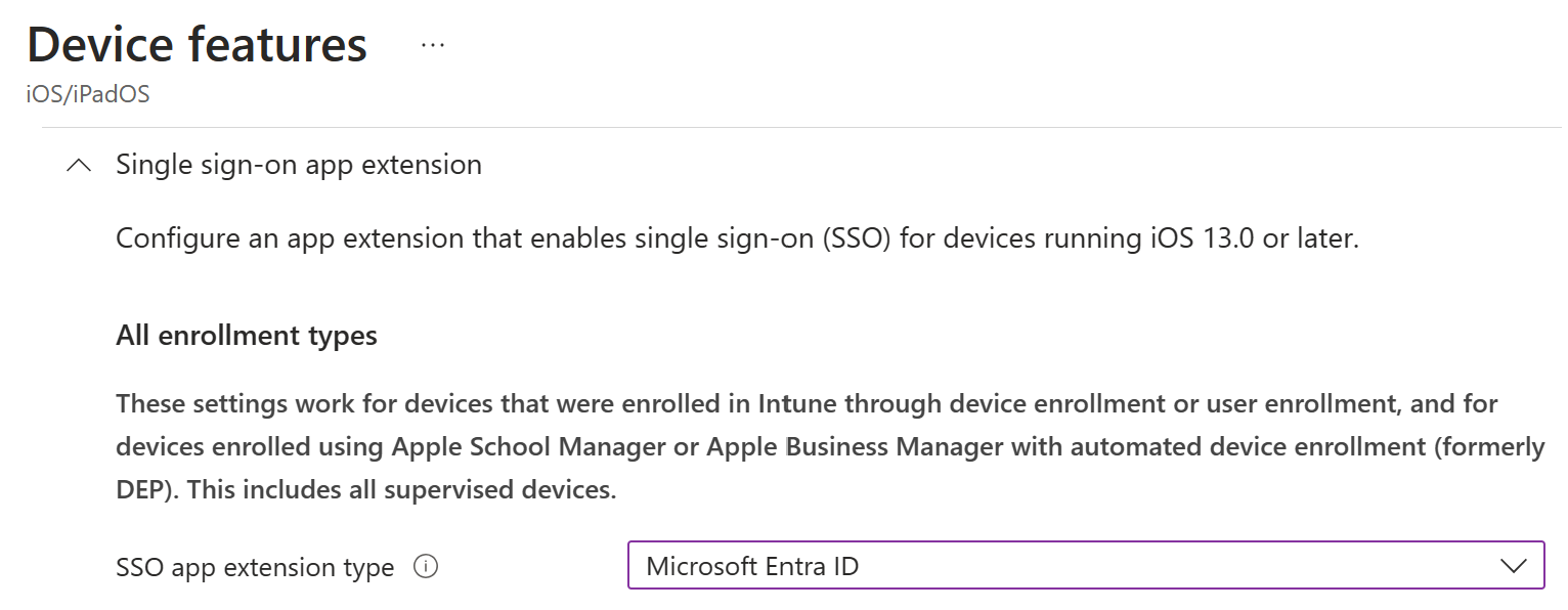 Intune の iOS/iPadOS 用の SSO アプリ拡張機能の種類と Microsoft Entra ID を示すスクリーンショット。