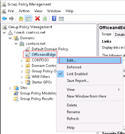 オンプレミスの Office と Microsoft Edge ADMX グループ ポリシーを右クリックし、[編集] を選択する方法を示すスクリーンショット。