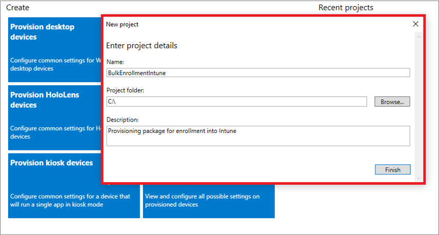 Windows Configuration Designer アプリで名前、プロジェクト フォルダー、説明を指定するスクリーンショット