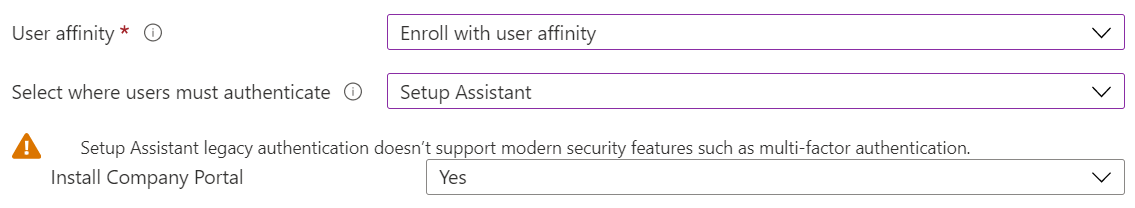 Intune 管理センターとMicrosoft Intuneで、Apple Configurator を使用して iOS/iPadOS デバイスを登録します。[ユーザー アフィニティを使用して登録する] を選択し、認証にセットアップ アシスタントを使用して、ポータル サイト アプリをインストールします。