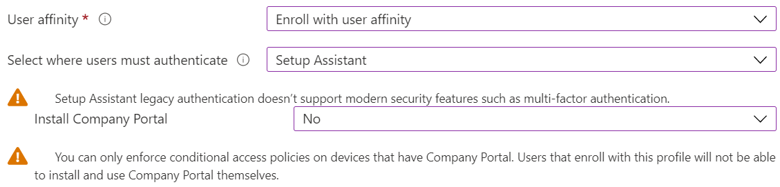 Intune 管理センターとMicrosoft Intuneで、Apple Configurator を使用して iOS/iPadOS デバイスを登録します。[ユーザー アフィニティを使用して登録する] を選択し、認証にセットアップ アシスタントを使用し、ポータル サイト アプリをインストールしません。