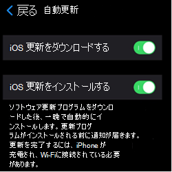 iOS/iPadOS Apple デバイスの自動更新設定を示すスクリーンショット。