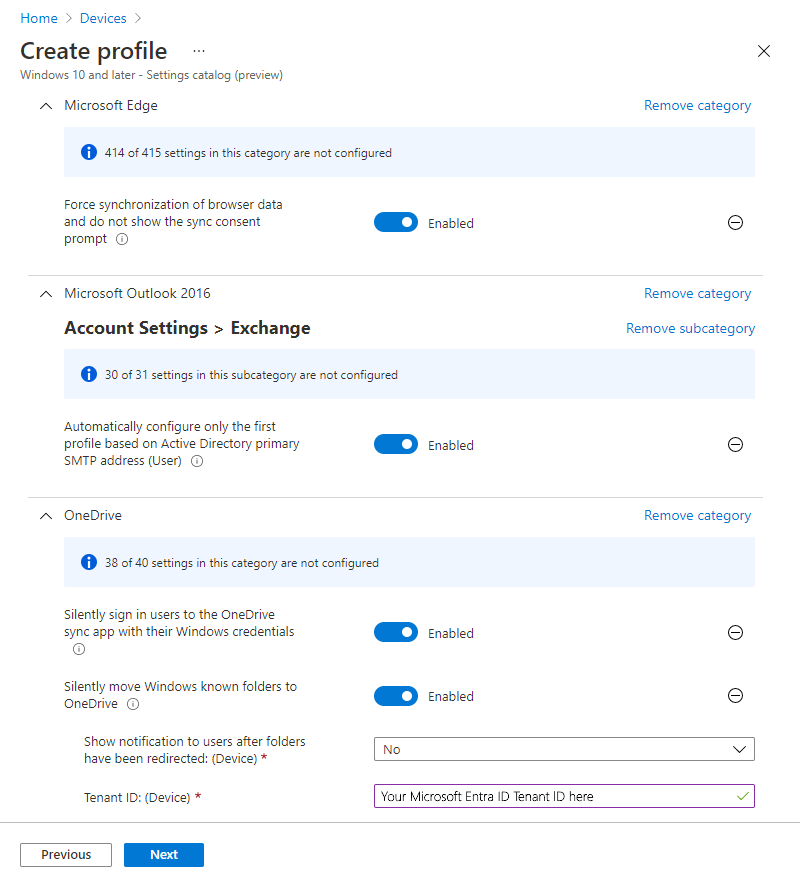 Microsoft Intune の設定カタログ プロファイルの例を示すイメージ。
