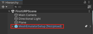 [Mesh Emulator Setup No Upload prefab added to the Hierarchy]\(メッシュ エミュレーターのセットアップ\) [Upload prefab]\(アップロード プレハブが階層に追加されていない\) のスクリーンショット。