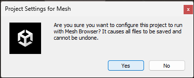 プロジェクトを構成するかどうかを確認する Unity に表示されるダイアログのスクリーンショット