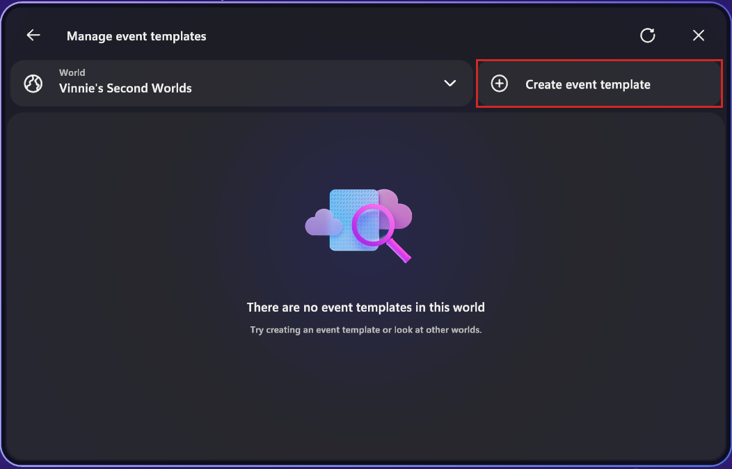 イベント テンプレートの作成ボタンが強調表示された Mesh アプリのスクリーン ショット。