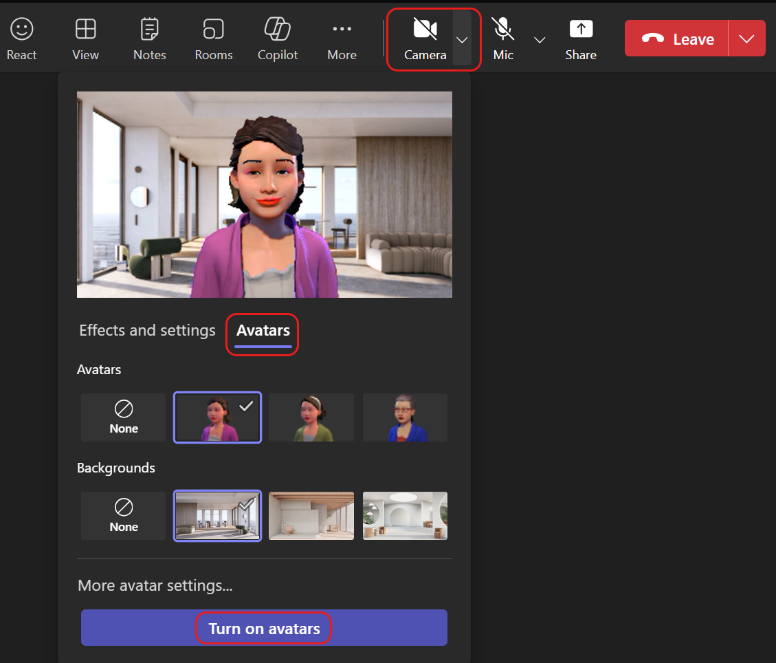 アバターは、Teams 会議中にカメラをオンにするための別の選択肢として使用できるようになりました。