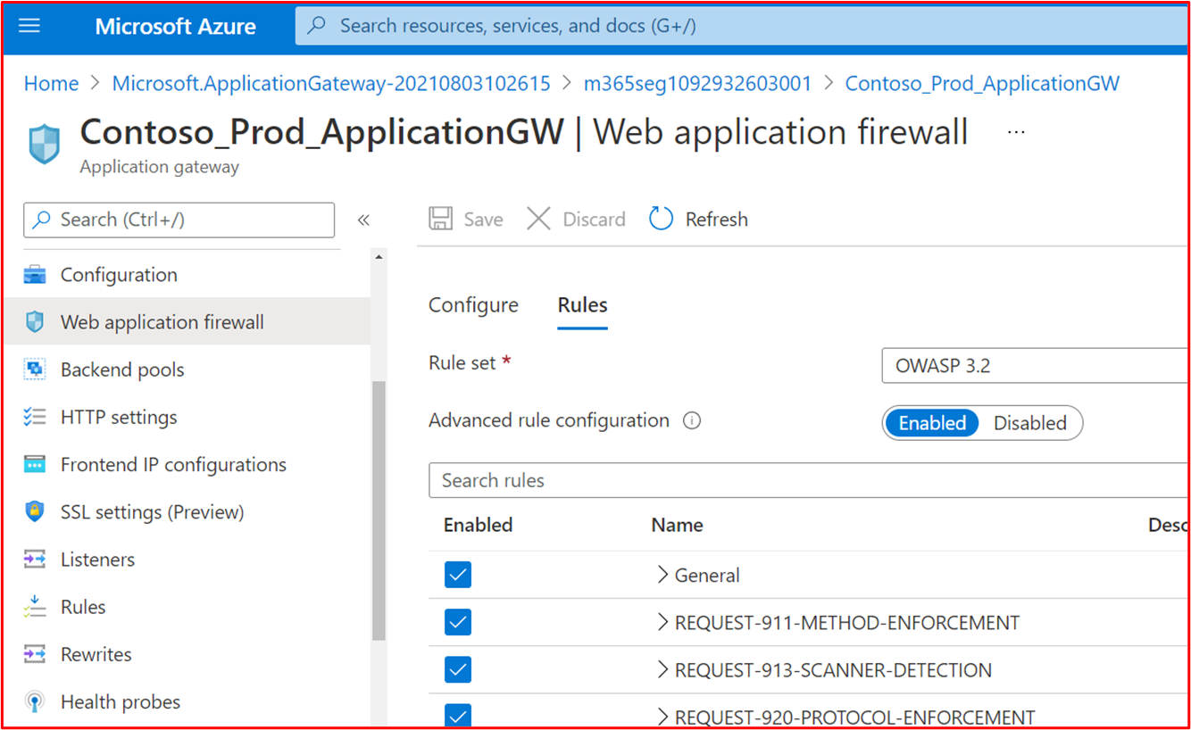 スクリーンショットは、Contoso Production Azure Application Gateway WAF ポリシーが OWASP Core 規則セット バージョン 3.2 に対してスキャンするように構成されていることを示しています。