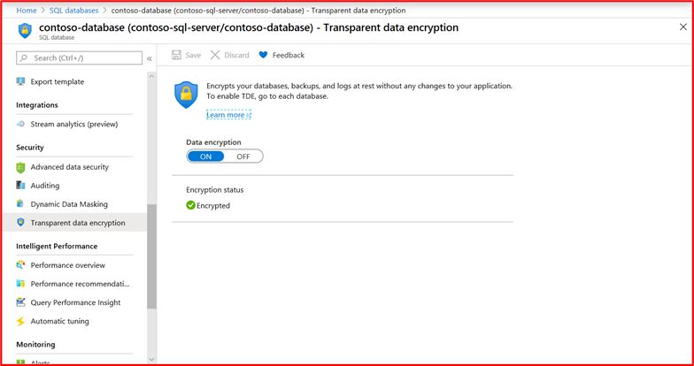 スクリーンショットは、Contoso Database で TDE (Transparent Data Encryption) が有効になっていることを示しています