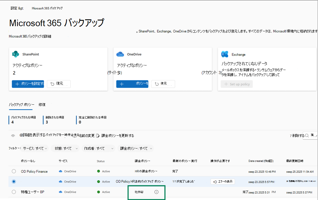 課金ポリシーが機密として表示されているバックアップ ポリシーの一覧のスクリーンショット。