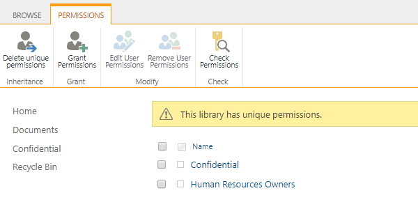Image of a document library with unique permissions.