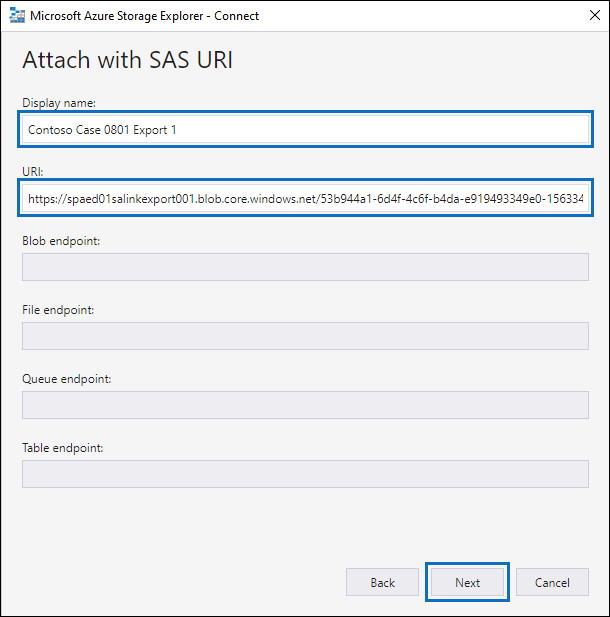 [URI] ボックスに SAS URL を貼り付けます。