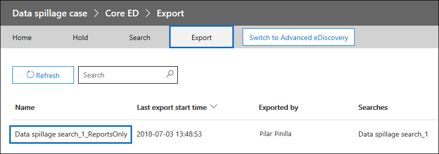 [エクスポート] ページでエクスポートを選択し、[レポートのダウンロード] を選択します。