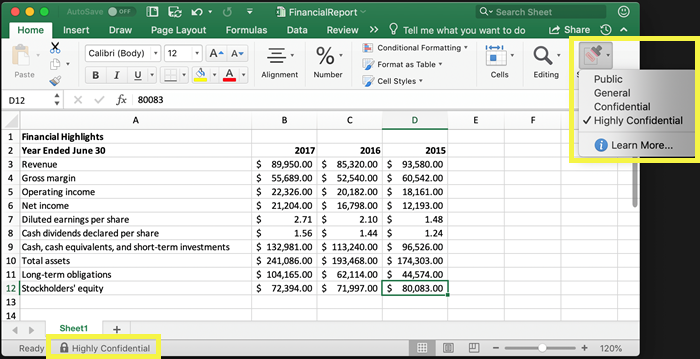 Excel のリボンおよびステータス バーに示された秘密度ラベル。