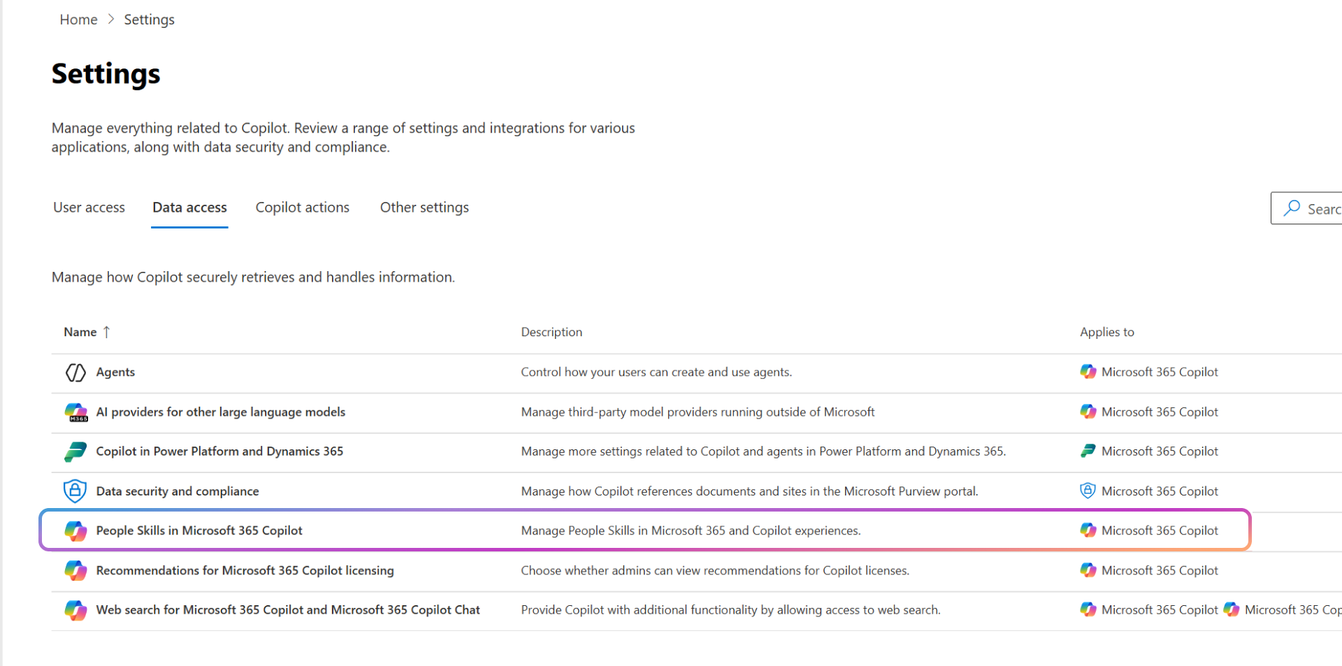 [Copilot] ページの [Peopleスキル] オプションMicrosoft 365 Copilot表示されているスクリーンショット。