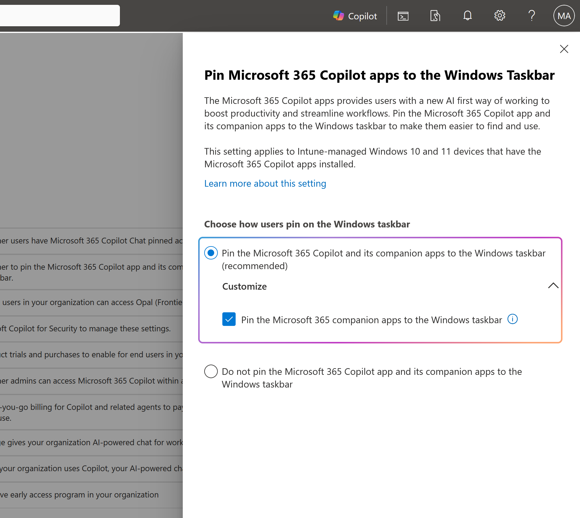 Intune サブスクリプションがない場合、Microsoft 365 Copilot アプリを Windows タスク バーにピン留めするためのリンクを示すスクリーンショット。